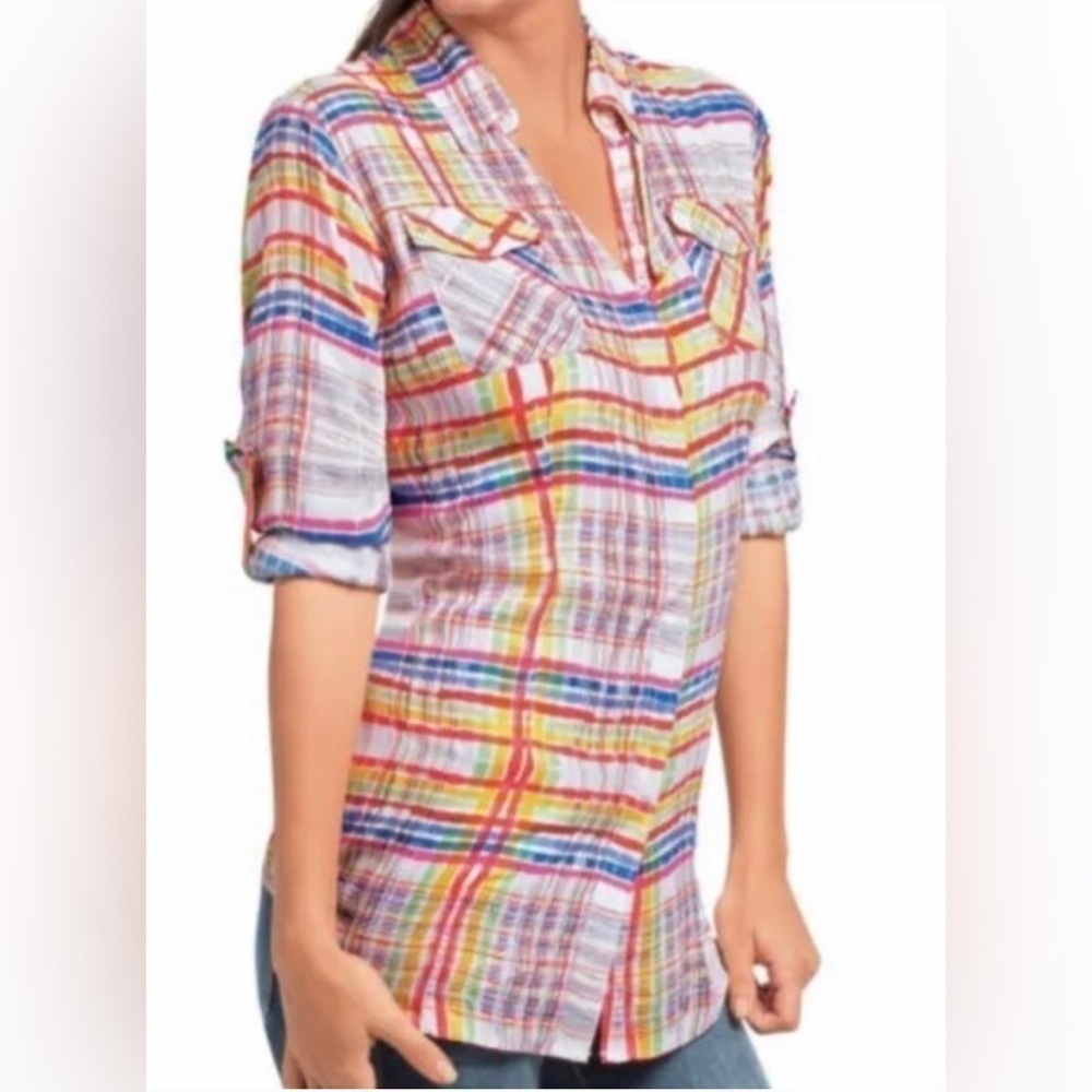 Cabi Cirque Plaid Multicolor Blouse Top Roll Tab Sleeve Button Up 797 Medium